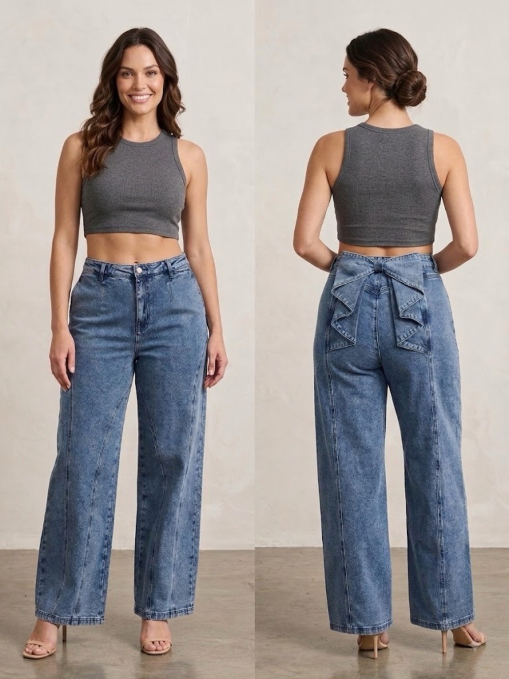 Commense Bow Back High-Waist Wide-Leg Jeans
